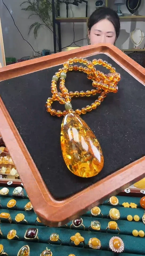 琥珀（花珀）套链未镶嵌精品花珀水滴毛衣链套链