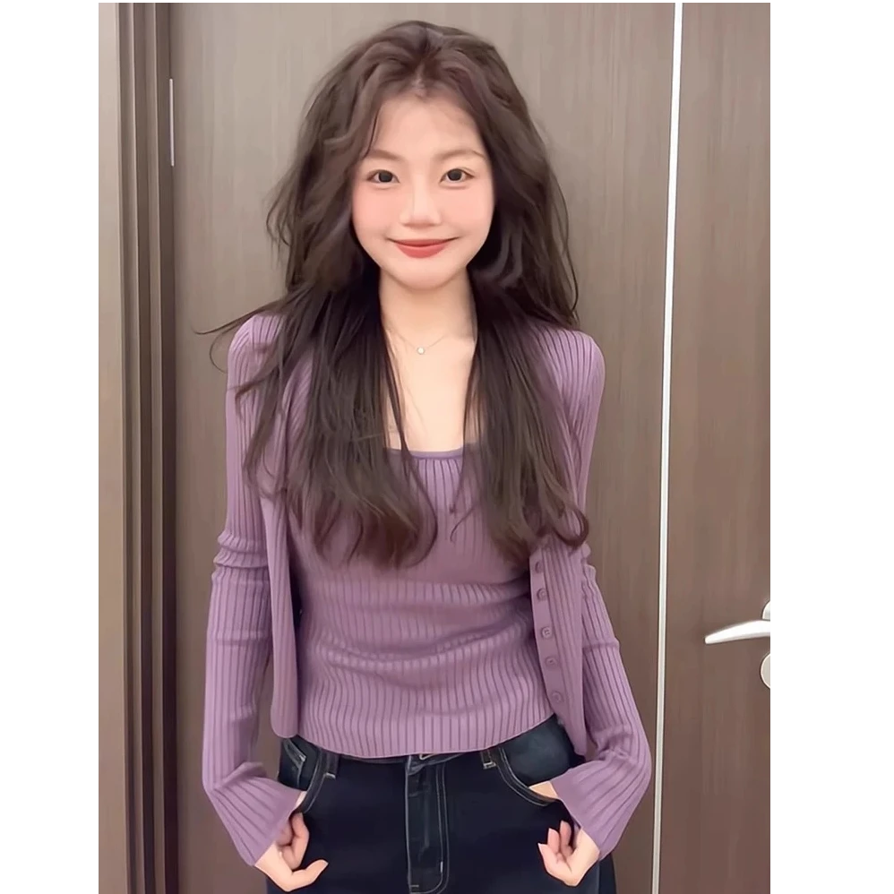 韩系纯欲针织吊带开衫两件套女早春季叠穿修身显瘦百搭外套上衣