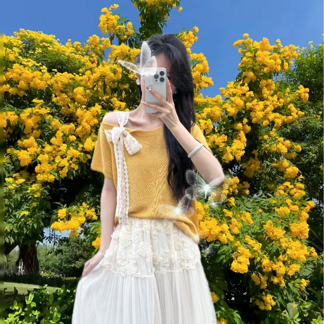 氛围感拼接蕾丝短袖新款2025显瘦气质夏季甜美时尚百搭圆领设计感