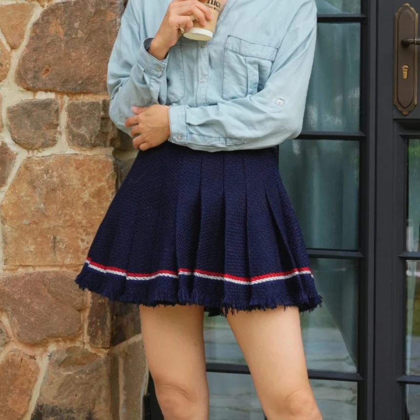 全新未使用 THOMBROWNE 流苏海军百褶裙 海军蓝/38