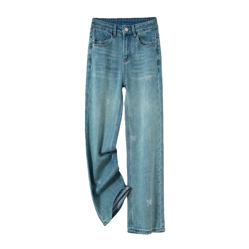 2025新款重工蝴蝶烫钻高腰阔腿显瘦百搭直筒牛仔裤888
