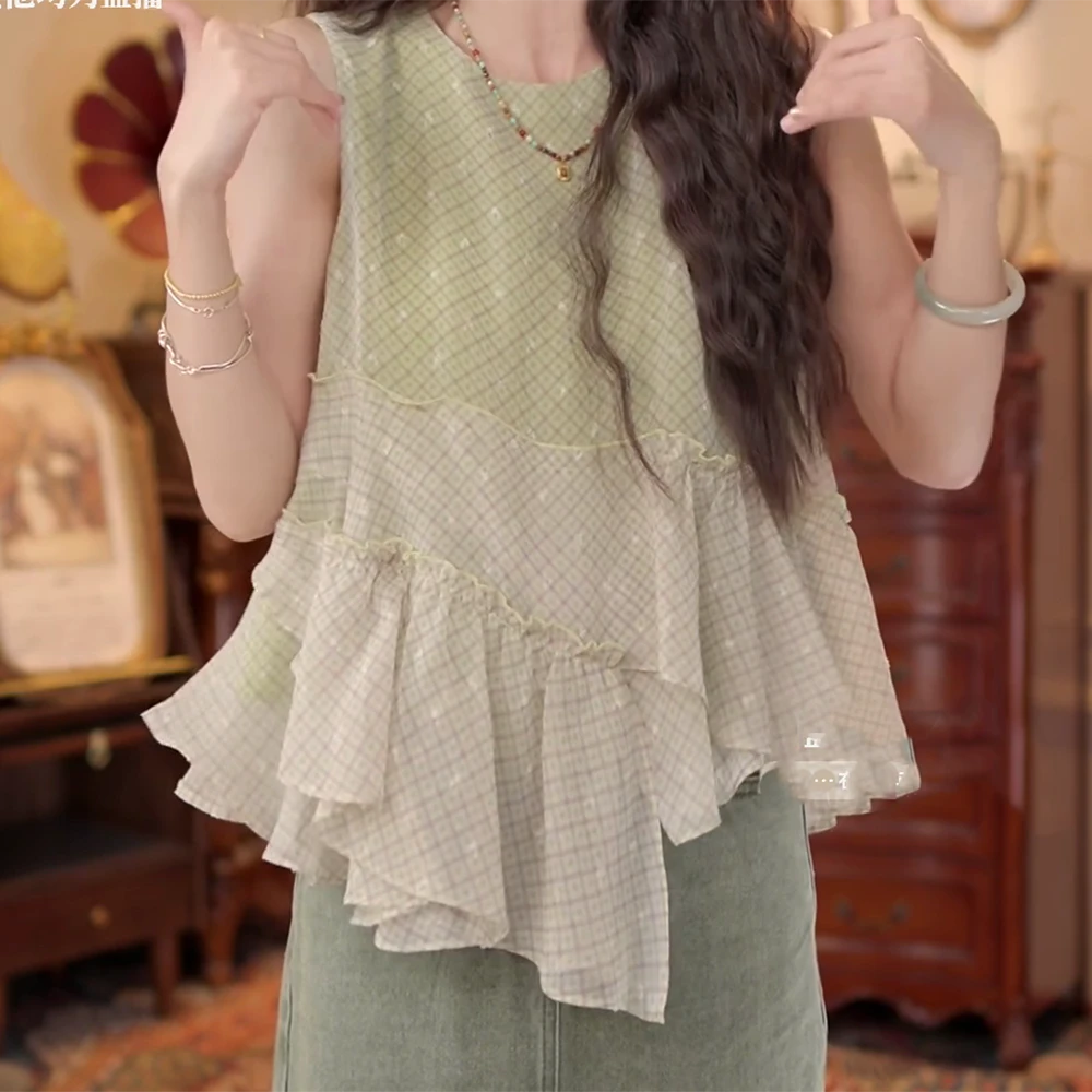 【池畔竹影】港风复古不规则拼接夏季百搭夏季衬衫C5757