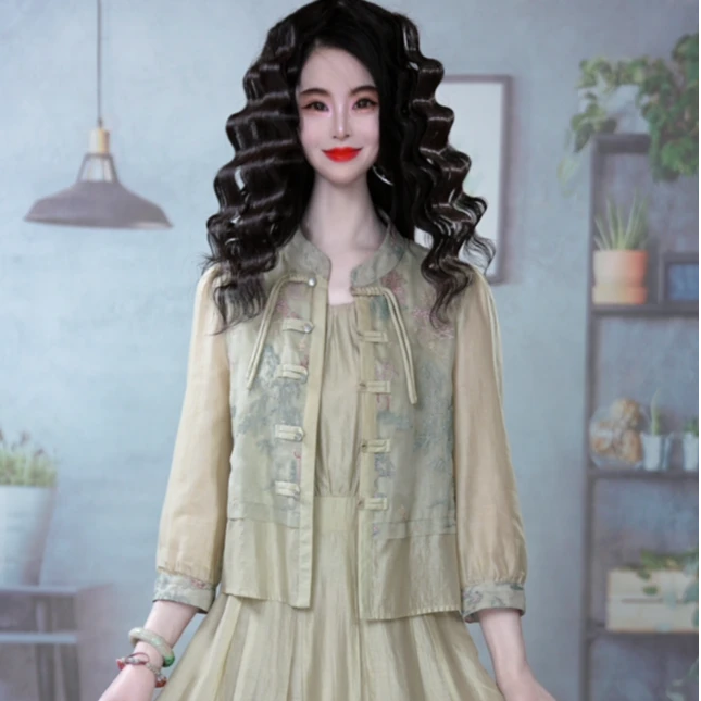 时尚新款国风刺绣盘扣气质新中式套装两件套M-4XL