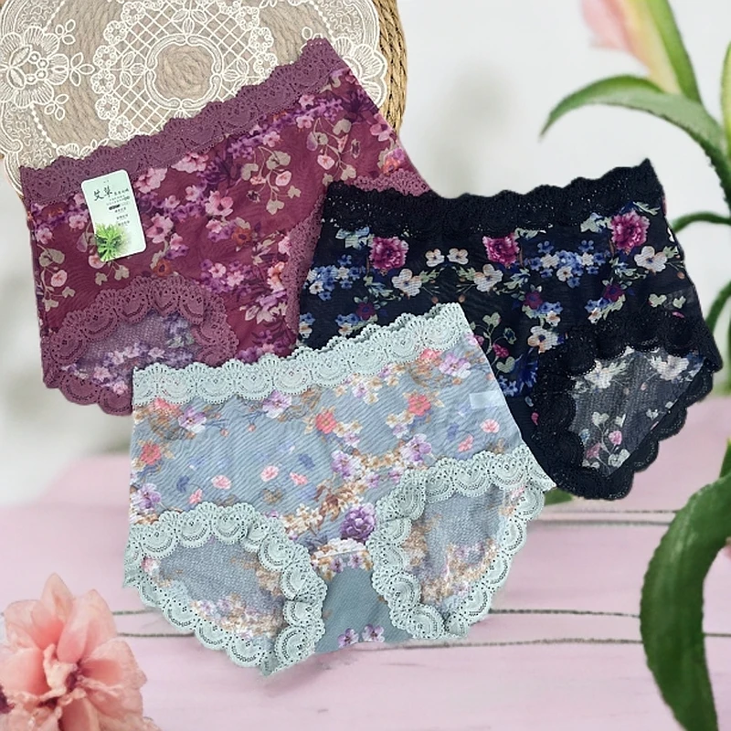 时尚中腰百搭新款轻奢花花艾草中高腰女士内裤舒适透气大码蕾丝