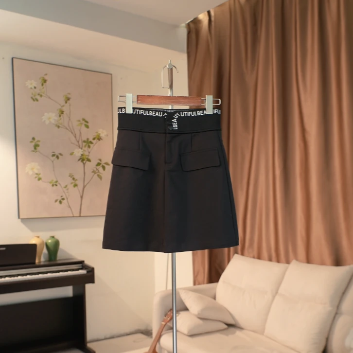 G465 字母提花松紧高腰防走光内衬黑色半身裙女 132C51