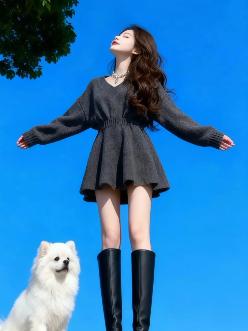 大码胖MM韩系小众氛围感灰色针织连衣裙女秋冬季收腰显瘦修身短裙