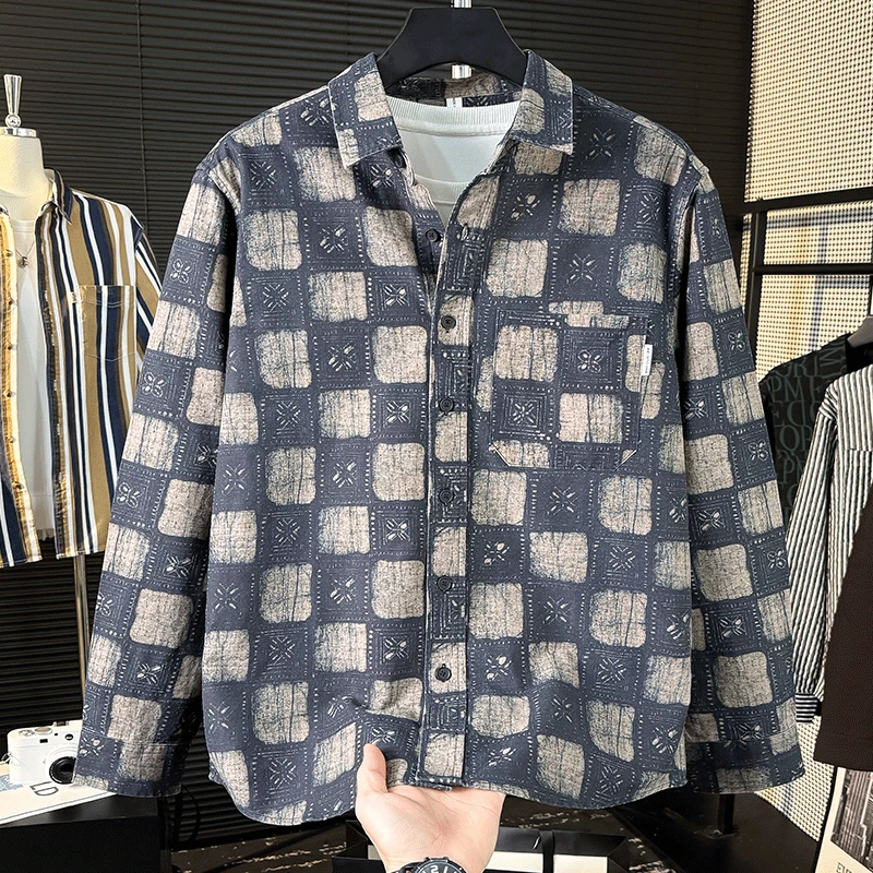 休闲宽松格子衬衫日系复古印花长袖衬衫男士时尚百搭文艺休闲上衣