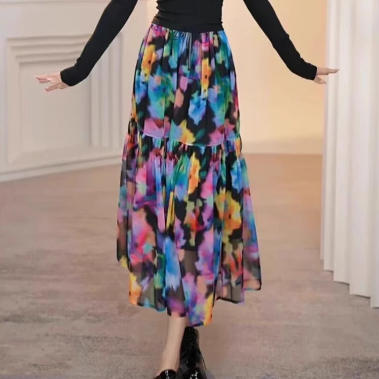 【AMSSGIRD】春夏新款百搭高腰印花中长款半身裙伞裙5200408