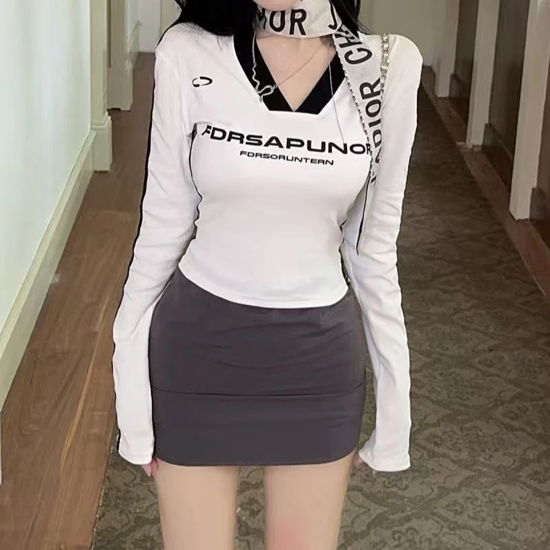 美式辣妹撞色字母印花复古长袖T恤女秋季运动显瘦修身短款上衣