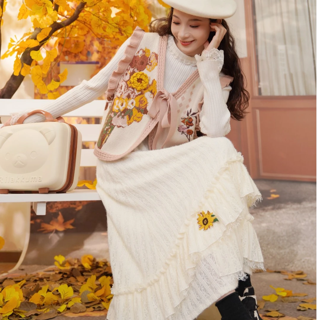 两三事蓝鸢仙葵[加绒加厚]白色半身裙冬季女新款裙子蕾丝蛋糕长裙