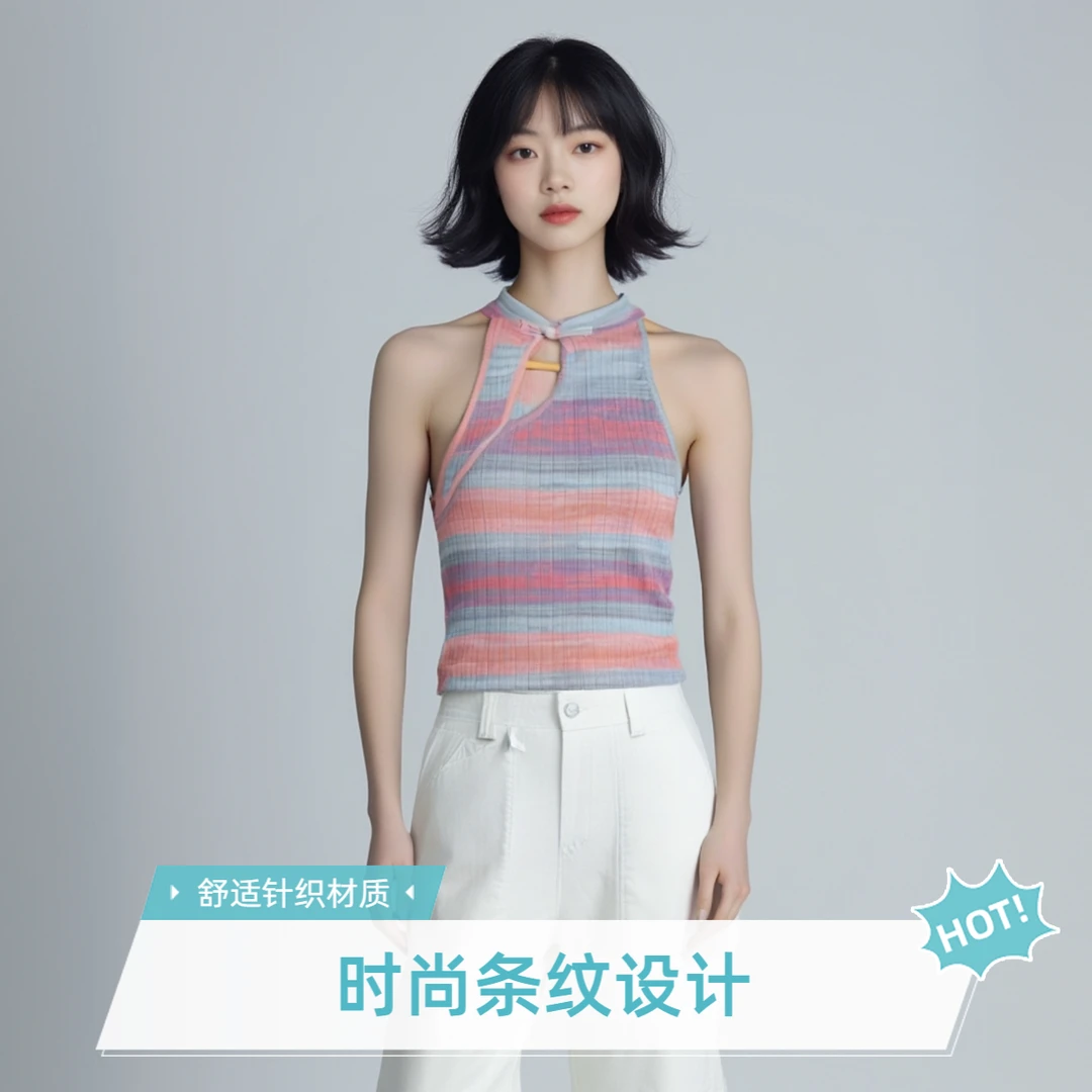 复古彩色条纹挂脖吊带盘扣背心女夏薄款辣妹收腰修身百搭时尚无袖