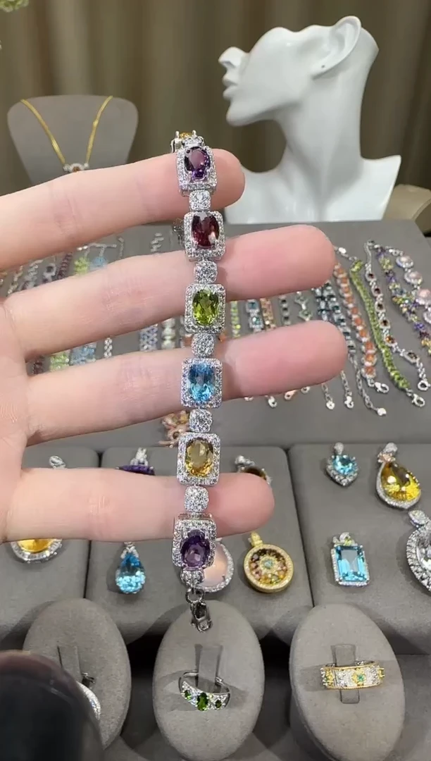 银S925镶嵌手链水晶9*7mm多彩宝手链高级款
