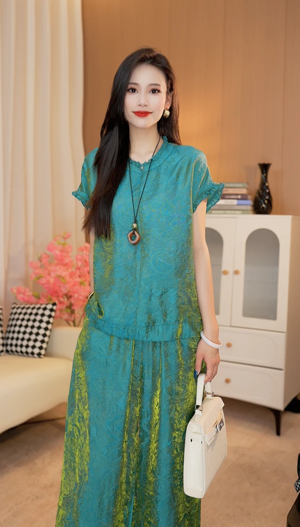 夏季气质中式复古风提花时尚套装印花气质唐装孔雀蓝时尚套装