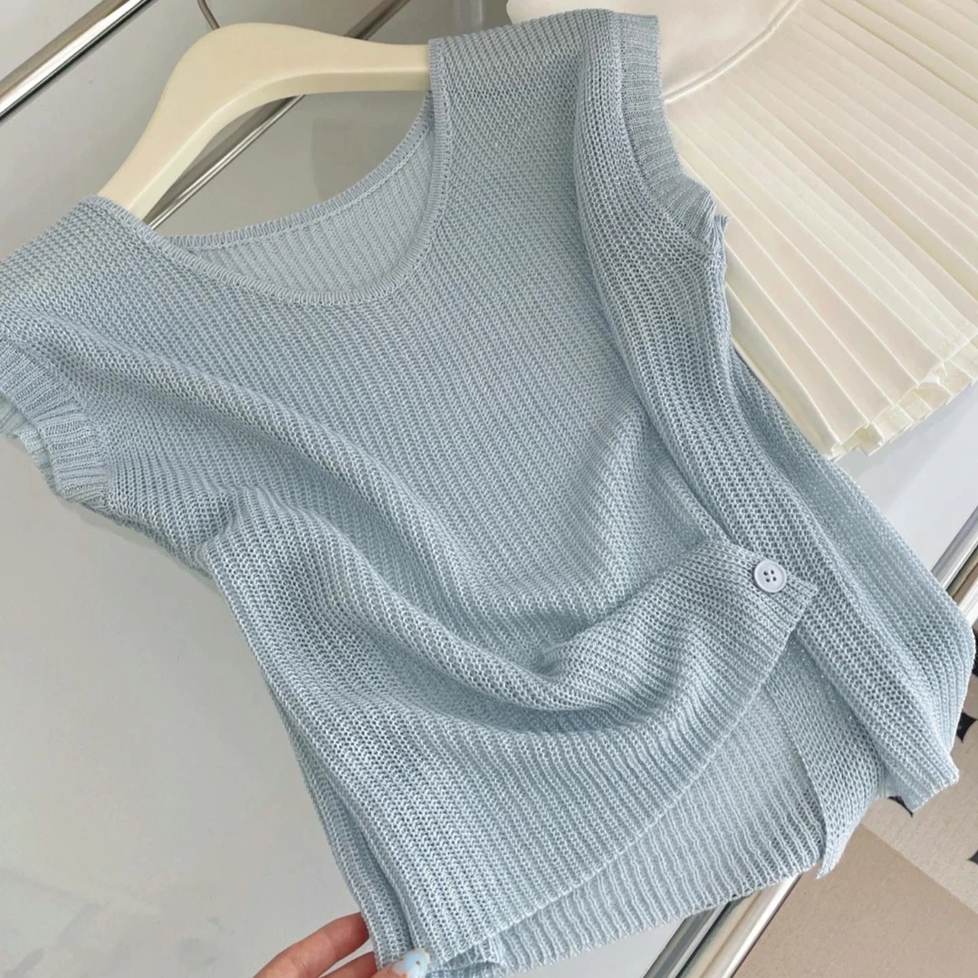 2025夏季圆领背心宽松百搭短款上衣镂空冰丝针织衫t恤无袖小衫女