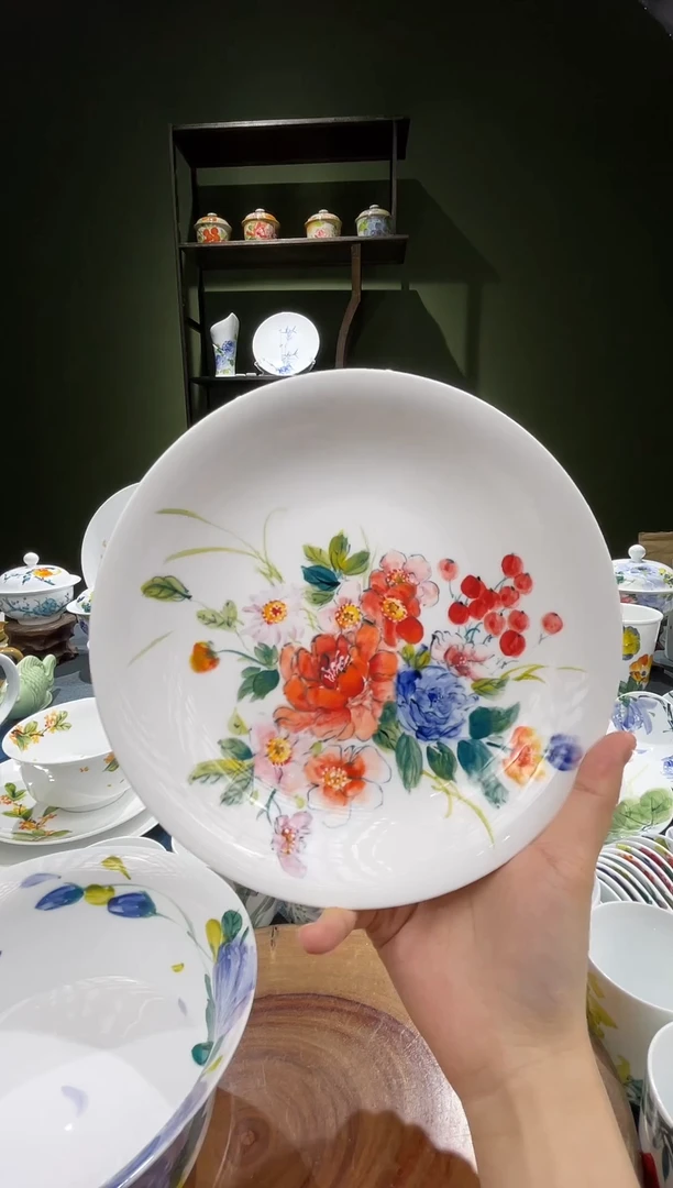 碗蔷*景德镇高温釉下彩8英寸窝盘花花开会