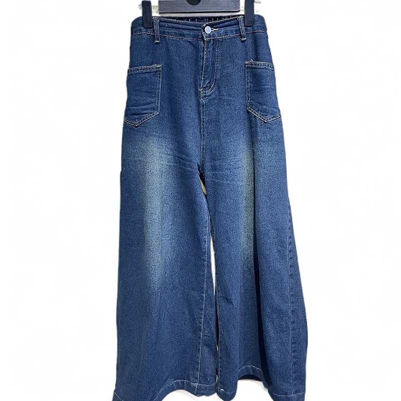 牛仔裤阔腿裤长裤高腰微喇百搭休闲裤女士开叉喇叭裤直筒裤蓝色