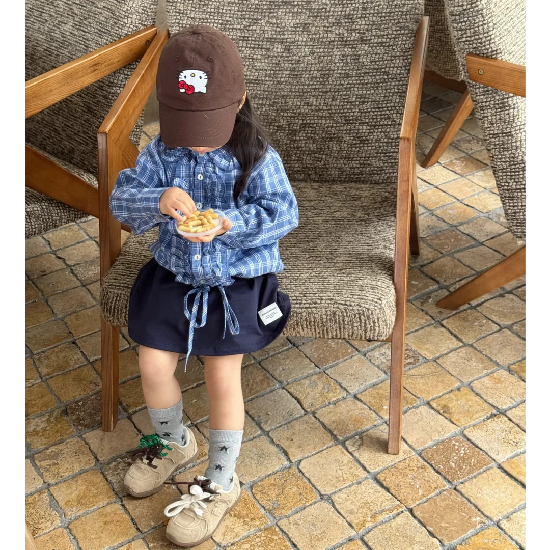 壹妈童装女童时尚套装早秋新款洋气女宝蓝色格子衬衫百搭半身裙