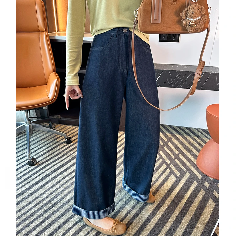 条纹拼接翻边阔腿牛仔裤女秋季新款小个子宽松显瘦直筒九分奶奶裤