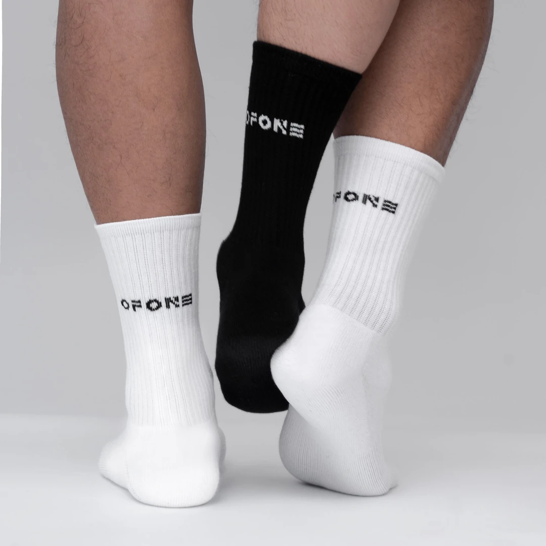 OFONE毛巾底黑白运动袜原创设计男士中长筒袜子纯棉长袜吸汗美式