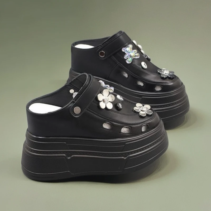 超高跟12cm洞洞鞋女款内增高包头外穿半拖鞋夏季小个子厚底小白鞋