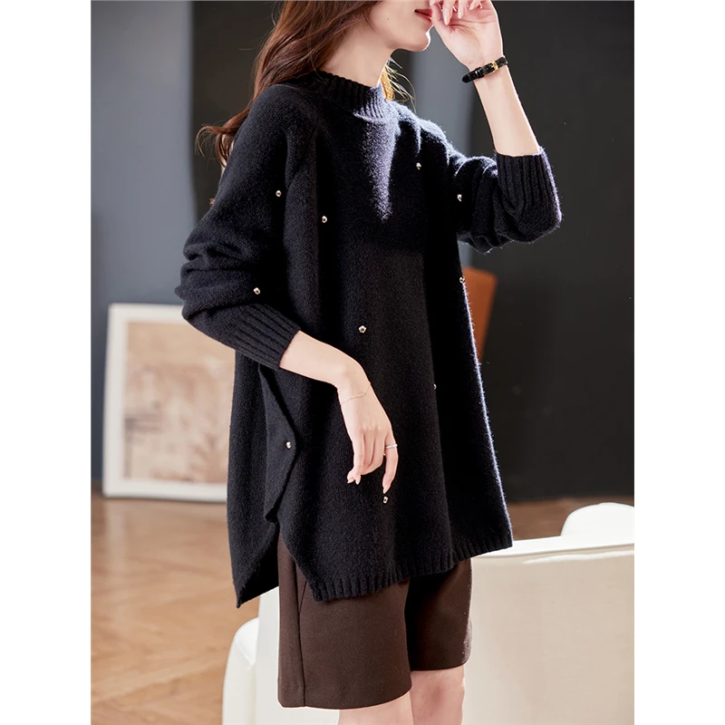 度卡奴半高领钉珠宽松长袖毛衣女2025秋季韩版慵懒百搭针织衫上衣