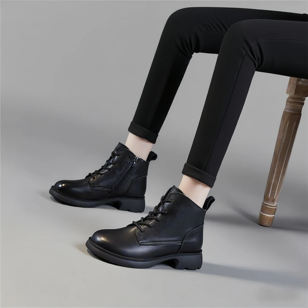 真皮马丁靴女粗跟英伦风复古靴子侧拉链黑色平底短靴百搭加绒皮鞋