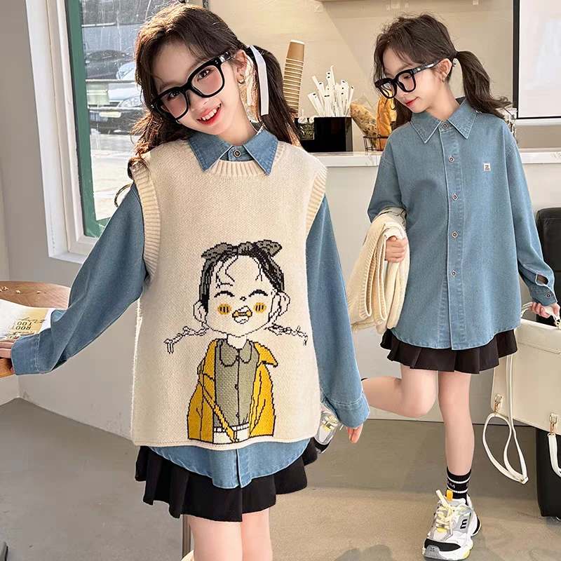 女童春装牛仔衬衫卡通马甲两件套2025学院风大童套装【默认微瑕】