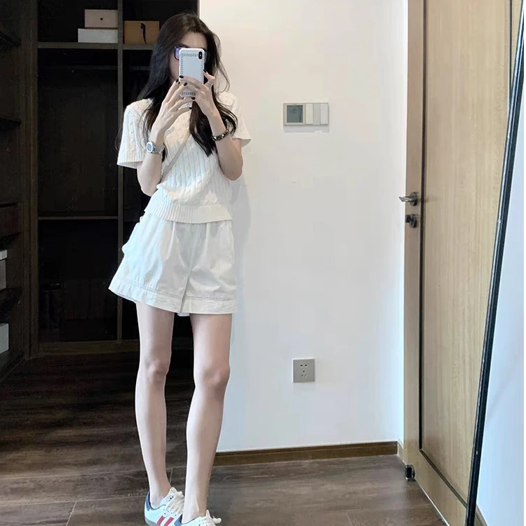 韩系休闲套装女2025夏季白色麻花短袖针织体恤上衣宽松阔腿短裤子