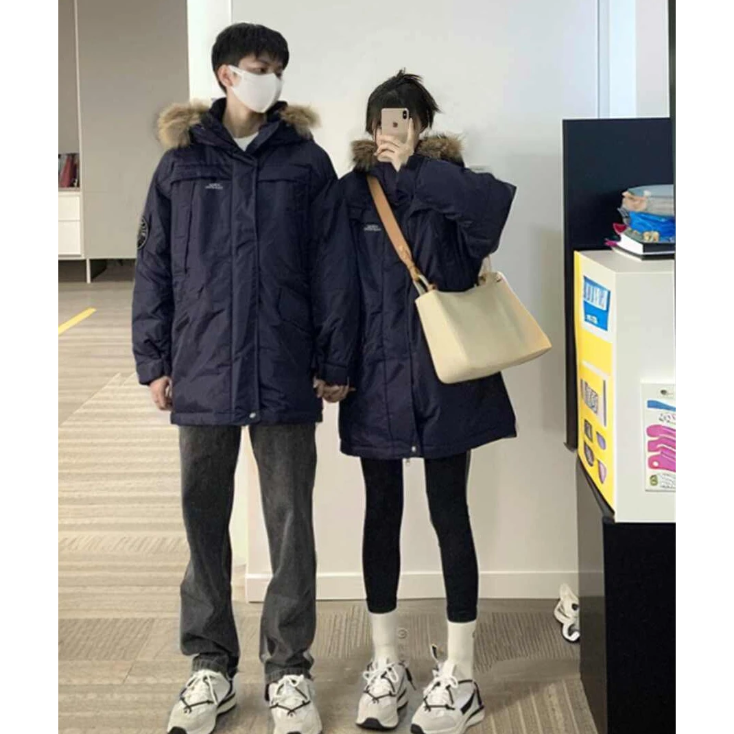 CaKm蓝色工装羽绒棉服男冬新款高级感oversize中长款派克服KAM724