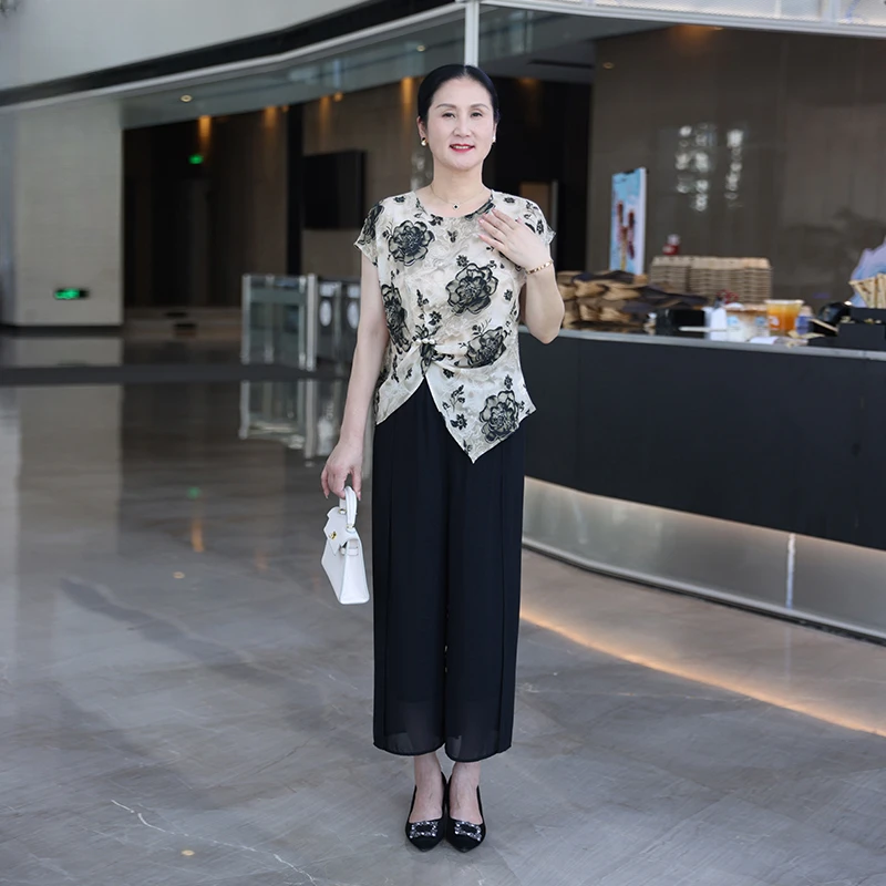 正品时尚中年妈妈夏装优雅上衣印花妈妈秋装阔腿裤两件