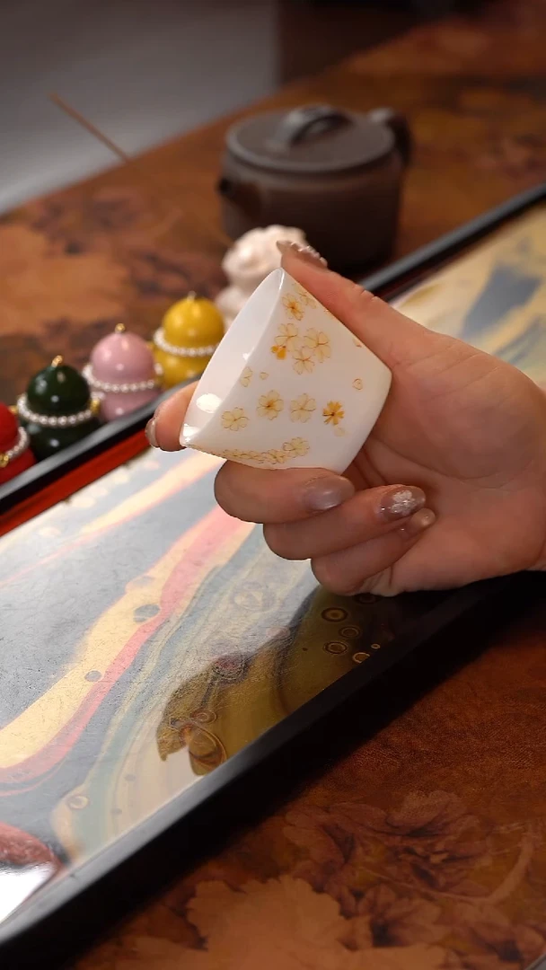 茶具手绘百花齐放直口杯@@CDQ-011