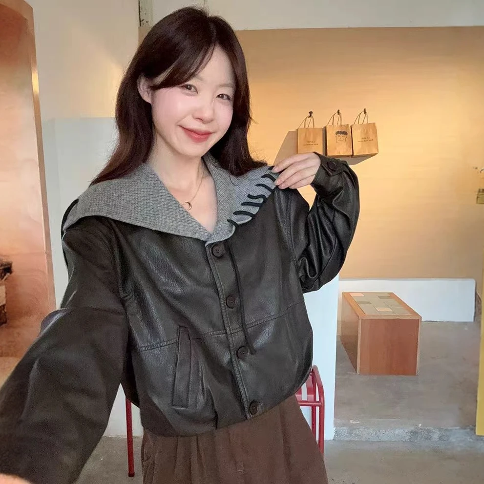 时尚海军领百搭皮衣外套女秋季新款休闲显瘦短款韩版皮夹克上衣潮