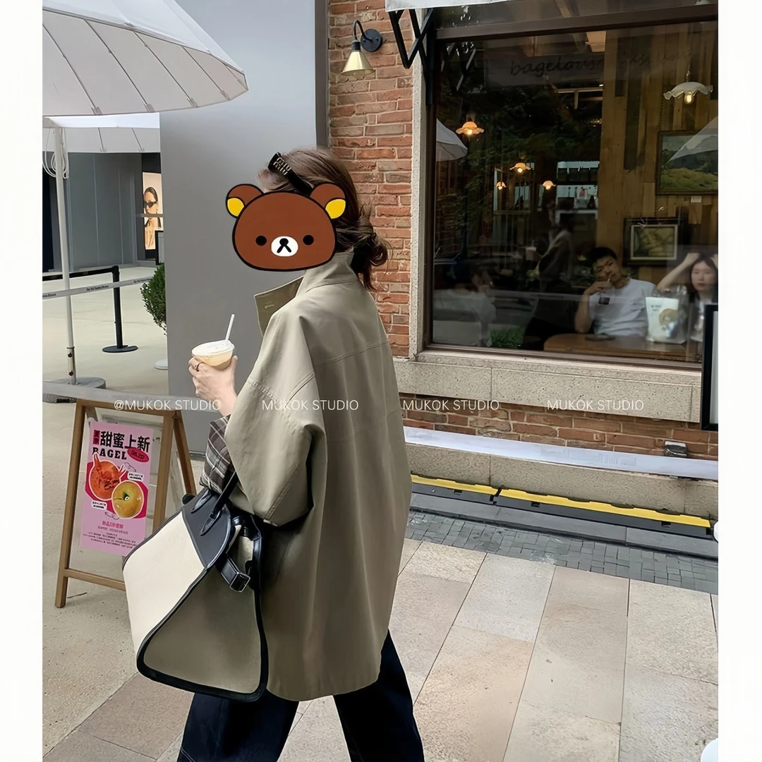 春秋新款设计感经典撞色风衣外套英伦风显瘦宽松大衣洋气韩版时尚