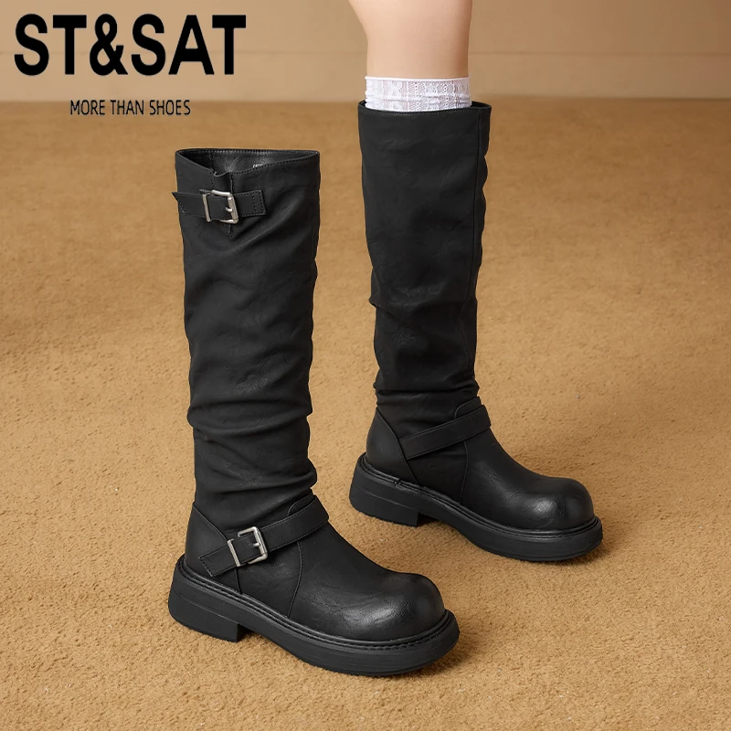 星期六厚底增高长筒靴女复古显瘦增高长靴2025新款褶皱堆堆骑士靴