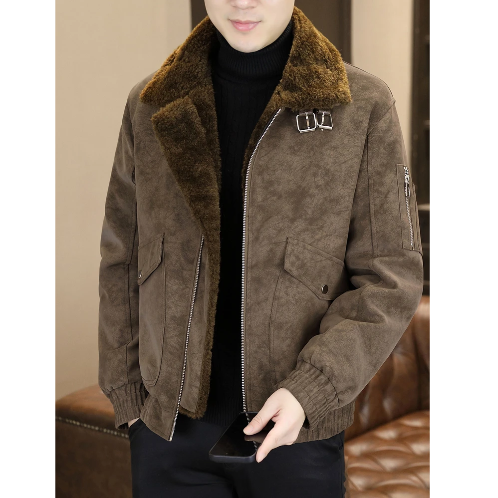 奇珀菲仑毛领皮毛一体皮衣男加绒加厚翻领机车皮夹克冬季潮牌保暖