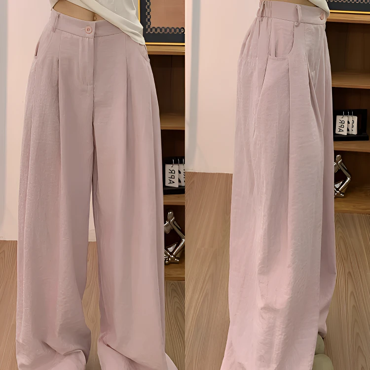 胖MM大码粉色奶芙冰丝西装山本裤女夏2025薄款高腰垂感直筒阔腿裤