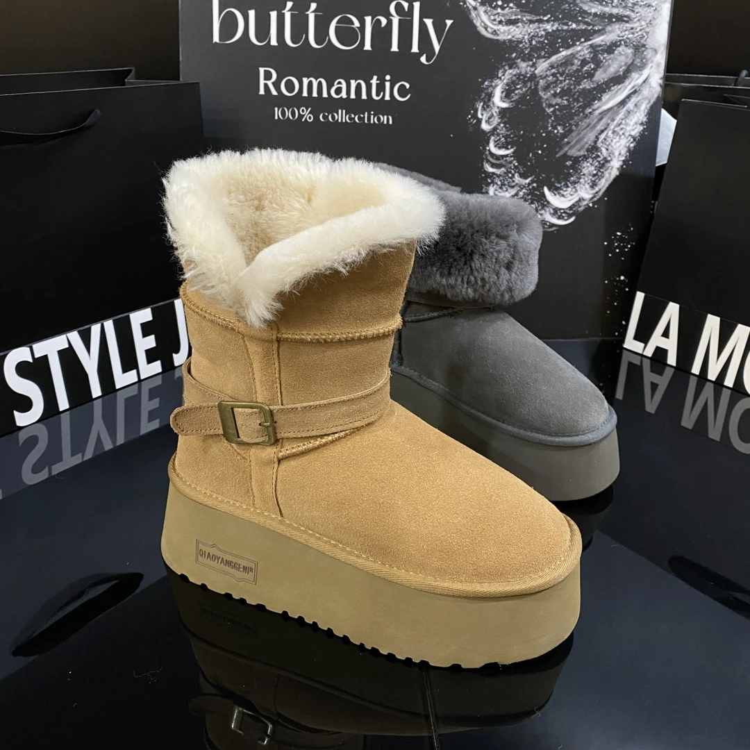 欧洲站磨砂皮毛毛鞋2025冬季新款厚底翻领两穿保暖抗寒雪地靴