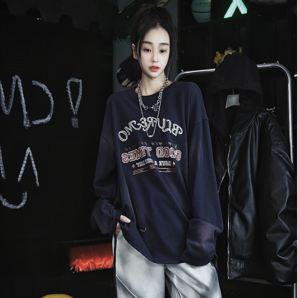 NY秋季新款水洗做旧龟裂字母印花宽松百搭长袖T恤衫美式上衣潮