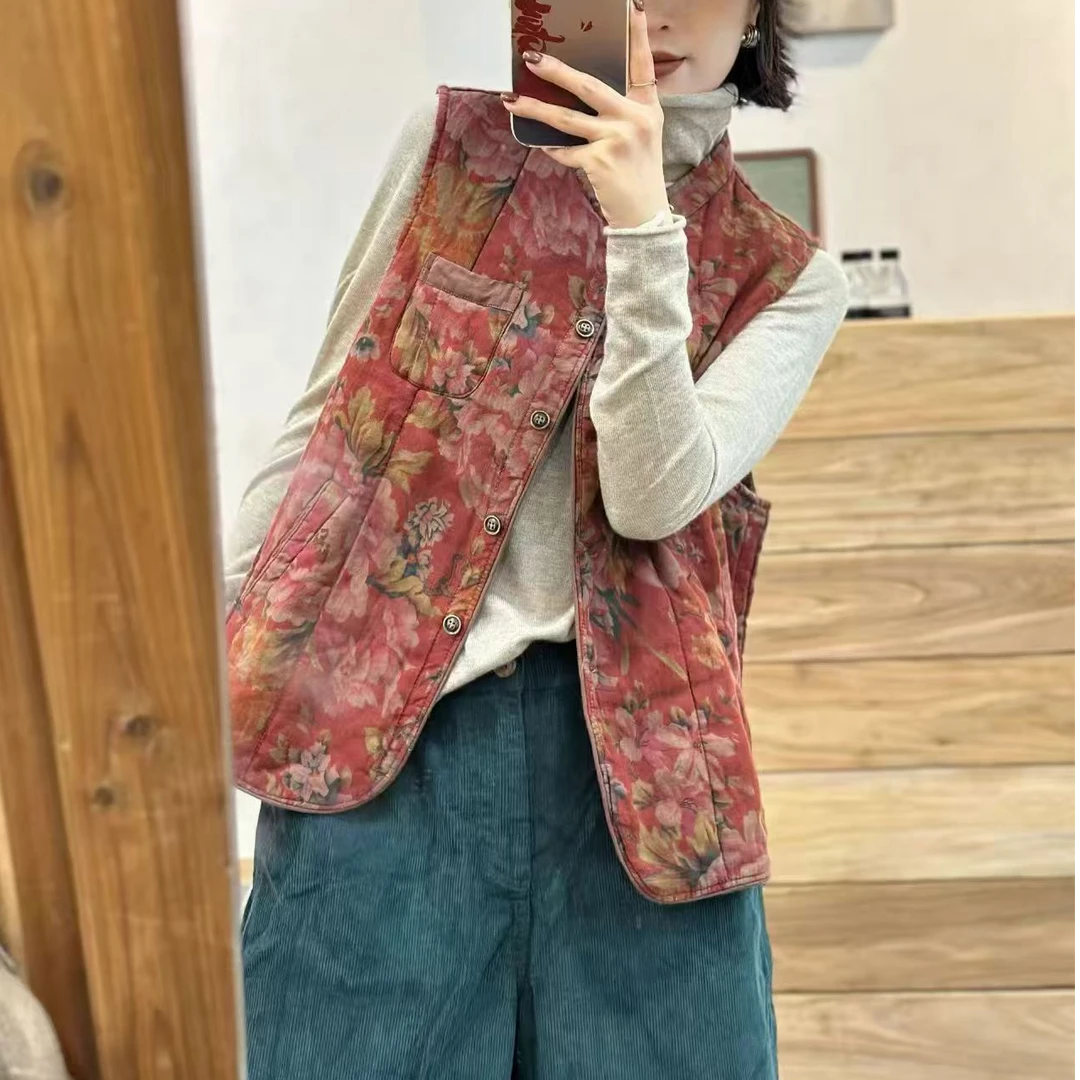 芬雅亚麻文艺国风印花休闲棉马夹衣长63