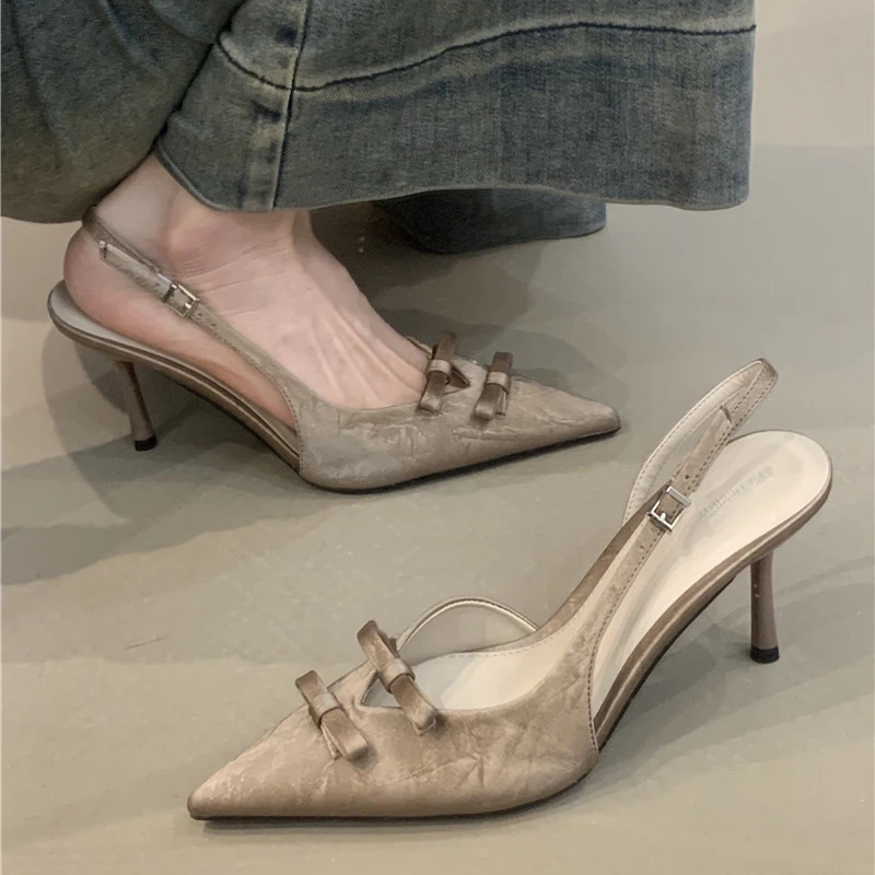 RS-K2803法式尖头高跟鞋女2025年国风蝴蝶结包头后空凉鞋气质单鞋