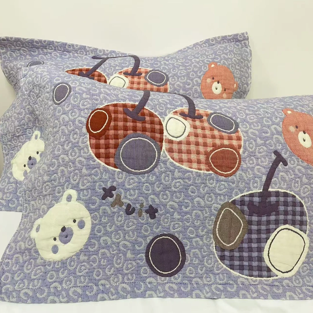 【樱桃熊】全棉水洗棉纱布枕巾一对