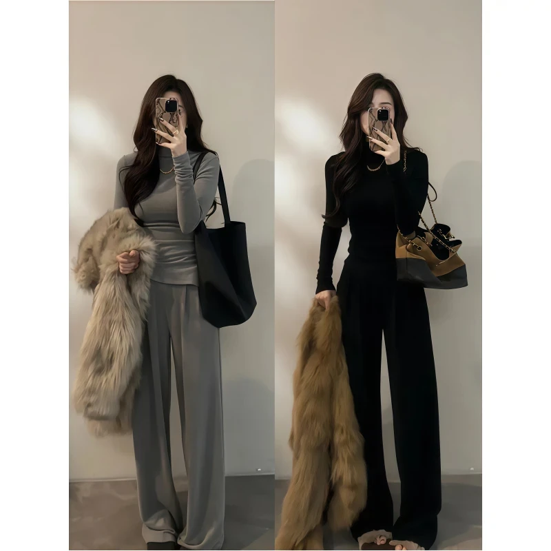 2025秋冬季新款德绒半高领长袖T恤修身显瘦套装