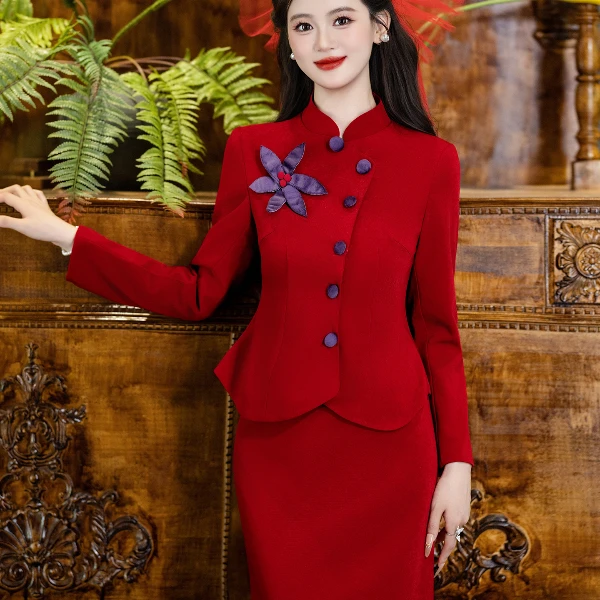 长袖敬酒服新娘端庄大气订婚礼服两件套旗袍结婚中式红色回门套装