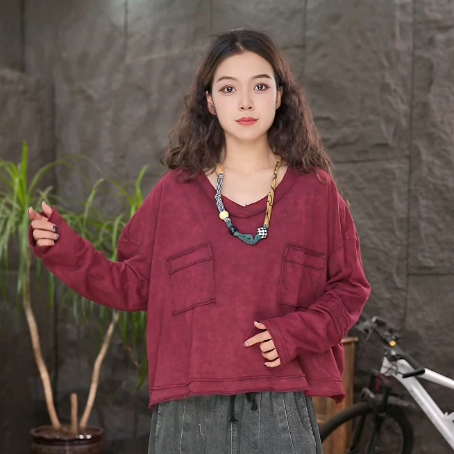 【双口袋纯棉长袖T恤】女装百搭打底衫100%棉大码宽松显瘦v领上衣