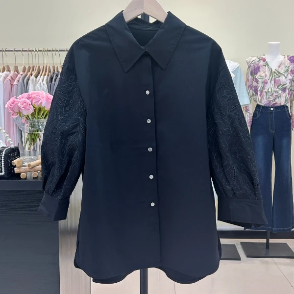 韩国顶ji24夏海报精致镂空刺绣精品宽松肥大衬衫长袖衬衣夏季上衣