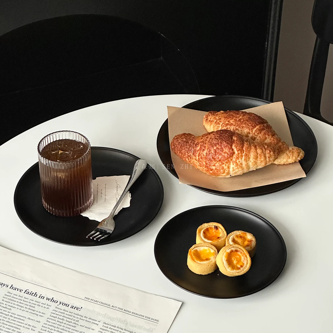 ins风黑色高级感甜品盘家用不锈钢茶点摆放盘下午茶蛋糕盘水果盘