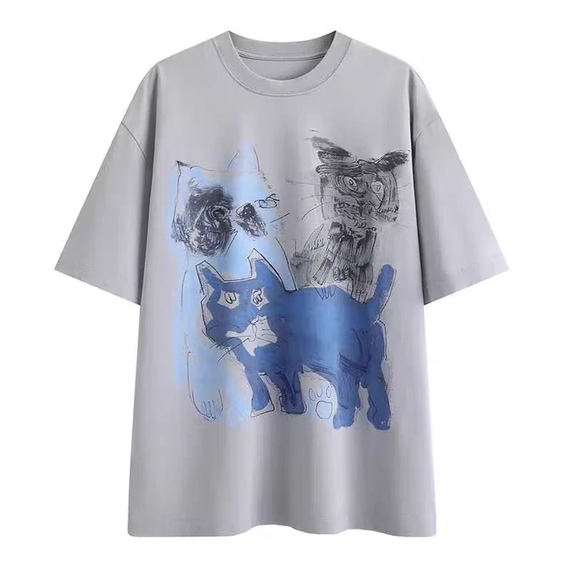 1480【商场同款】江南25春新品T恤女宽松猫咪印花