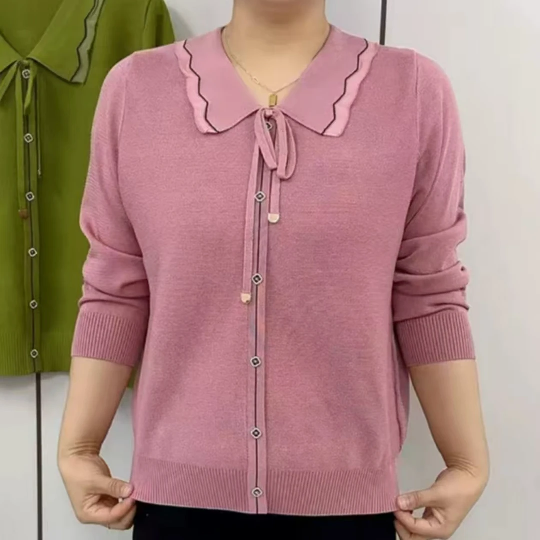2025春秋新款时尚妈妈装纯色针织毛衣时尚中老年休闲宽松显瘦小衫