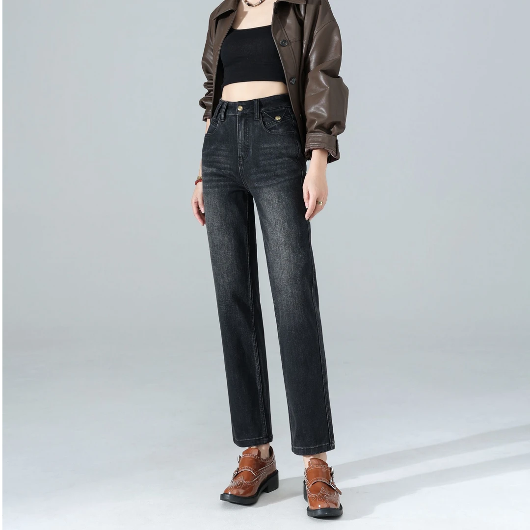 【佰织9918】四面弹黑灰色牛仔裤女高腰直筒裤秋季新弹力显瘦法棍裤