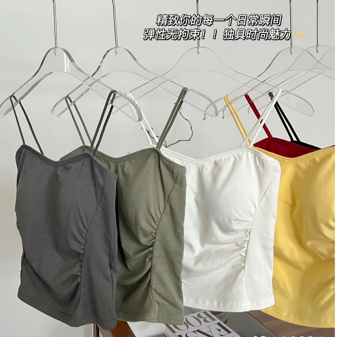 法式细肩带抹胸褶皱吊带